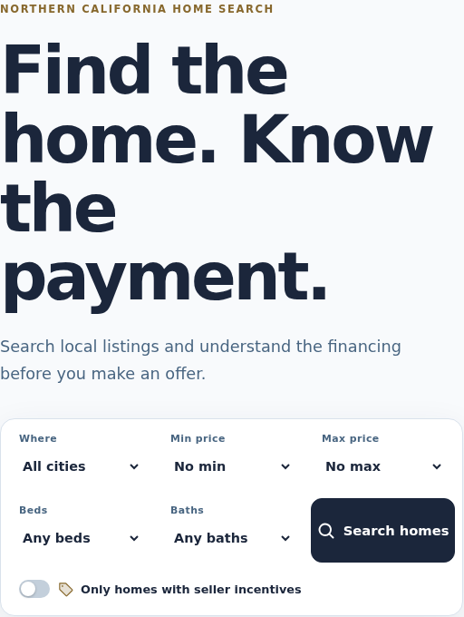 PCL Home Search's real search panel: Find the home. Know the payment. Filters for city, price, beds, baths and seller incentives.