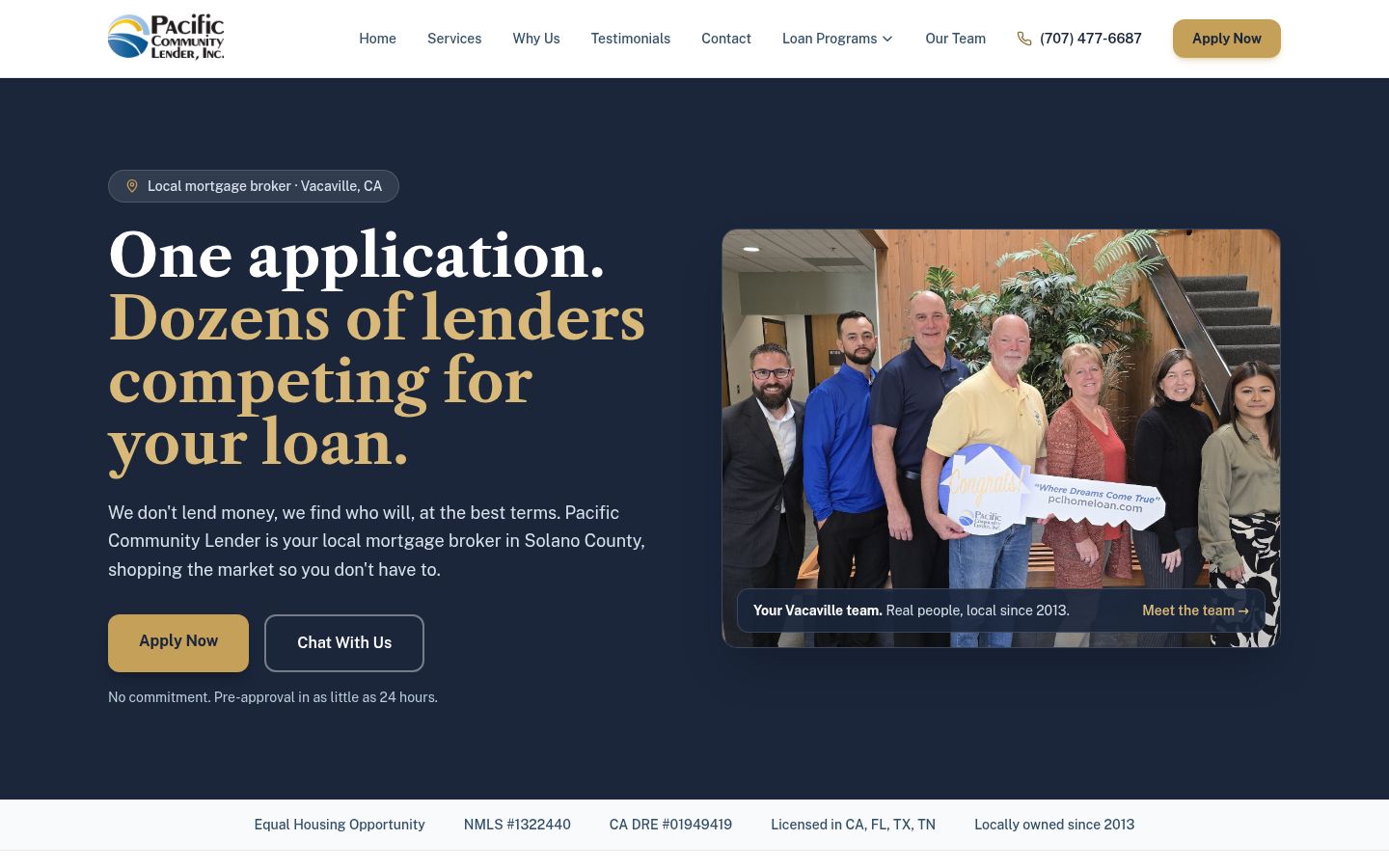 Pacific Community Lender website showing its homepage and local mortgage team